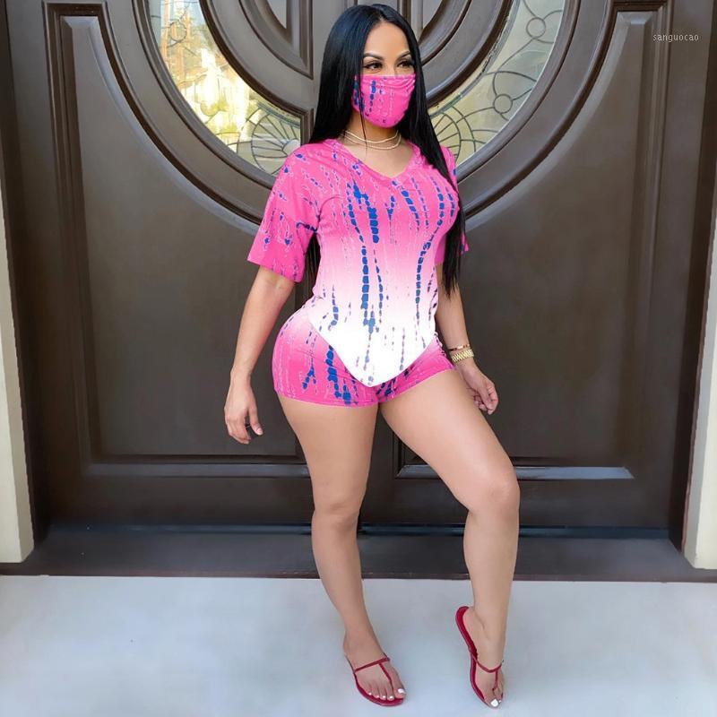 

Womens Short Sleeve Tops And Shorts Two Piece Tracksuit Sportwear Tie Dye Print Women' Suit With Mask Conjunto Femenino #31, Pink