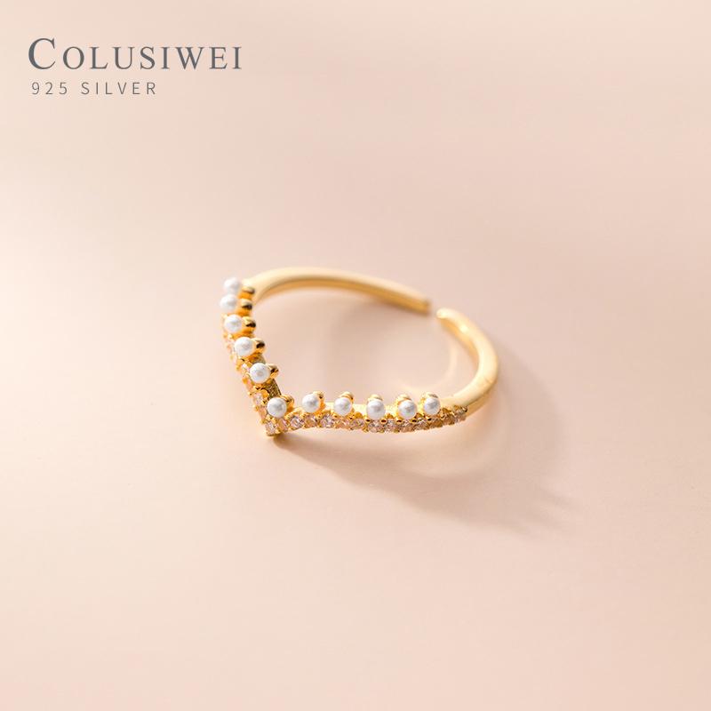 

Colusiwei Vintage 925 Sterling Silver Sparkling Zircon with Pearl V Shape Opening Ring for Women Wedding Bands Ring Fine Jewelry