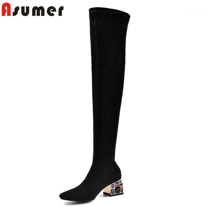 

ASUMER 2020 top quality stretch boots women suede leather sexy slim crystal heels dress party shoes women over the knee boots1, Black with fur