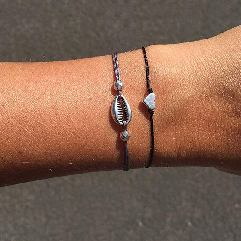 

Charm Bracelets Vintage Elastic Metal Sea Shell Love Heart For Women Double Layer Rope Chain Geometric Lady Jewelry XR2231
