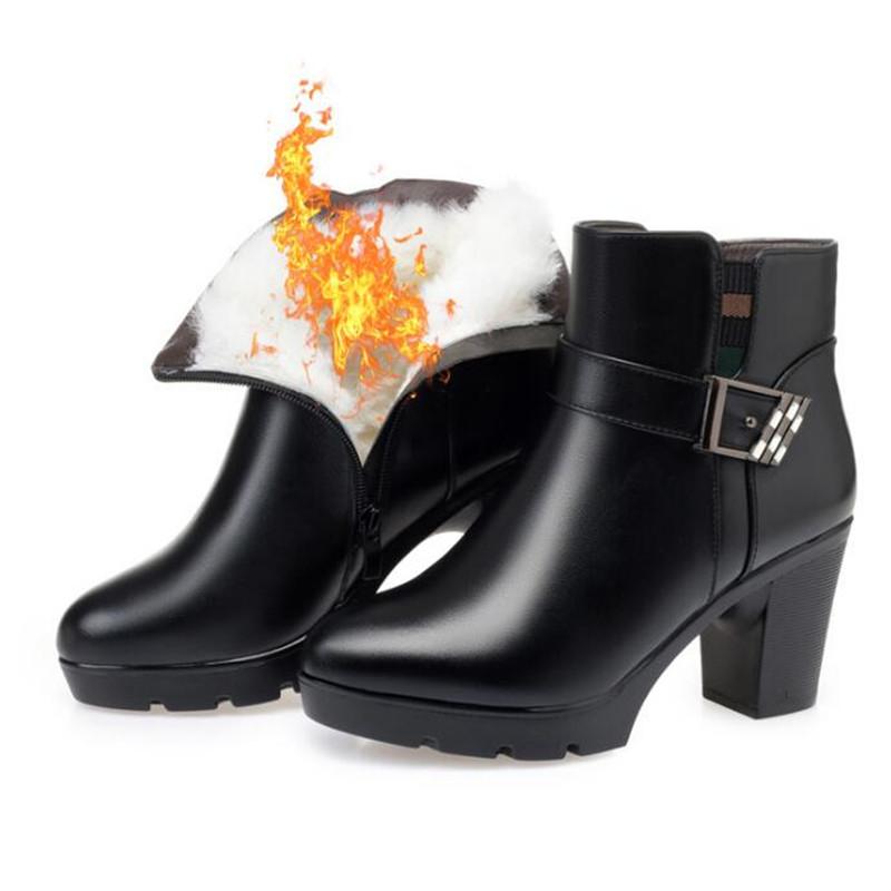 

New Fashion Comfort Warm Winter Boots Female Genuine Leather Boots Ankle Non-slip High Heel Cotton Shoes Snow, Red inisde plush
