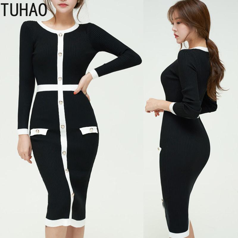 

TUHAO Autumn Winter Woman Knit Warm Pencil Dress Long Sleeve High Waist Tight Stretch Dress Elegant Office Lady Dresses WM92, Black