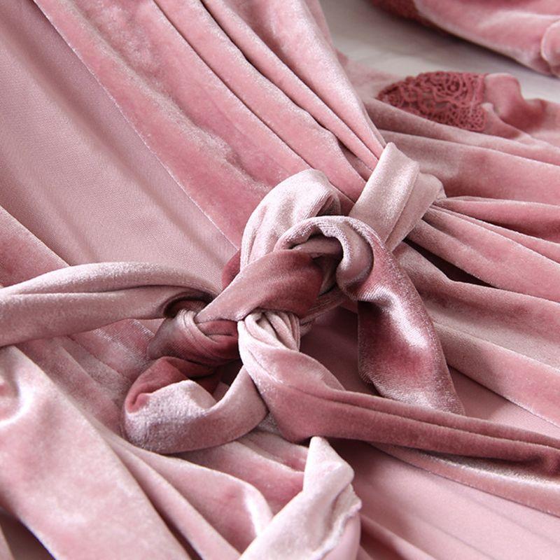 

2Pcs Pajamas Set Winter Warm Glitter Velvet Solid Color Push Up Padded Nightgown Crochet Floral Lace Applique Trim Sleepwear Kit, No.zq