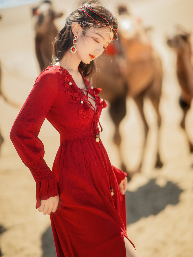 

Red Vintage Dresses for the Women Party with Cleavage on v Spaghetti High Waist Elegant Boho Dress at Night Feminine Cotton Free Gowns Irau