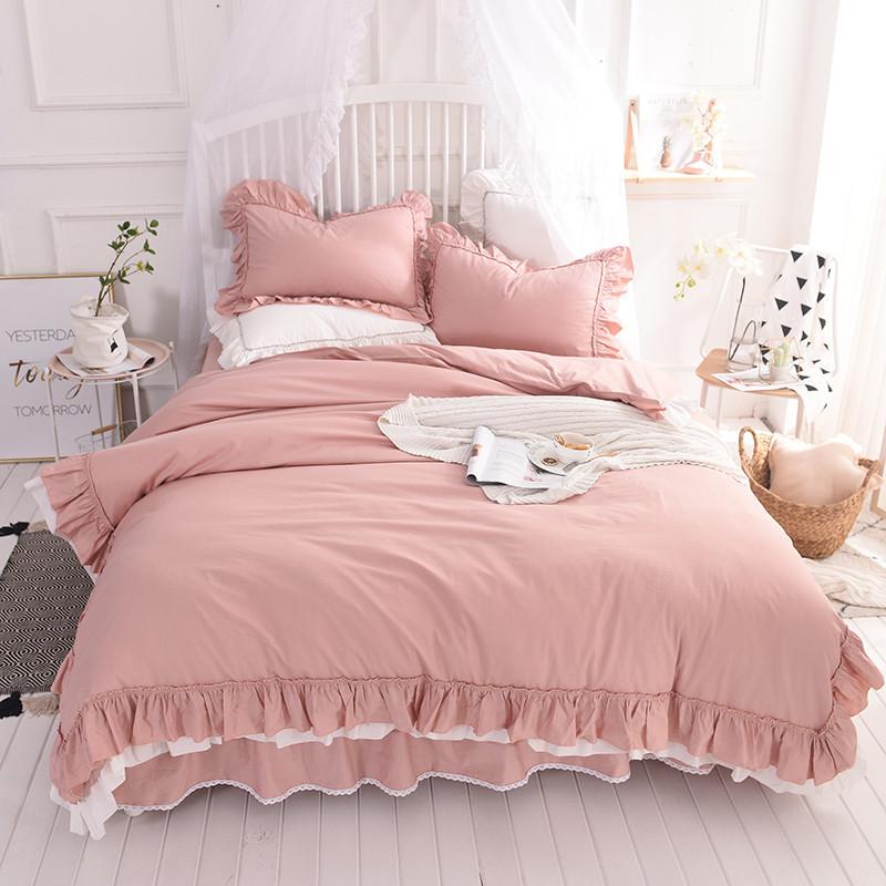 

Pure cotton princess style lace edge ruffles Korean European solid color simple bed skirt four-piece bedding set for home, As picture show