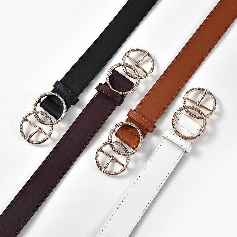 

Belts Retro Double Ring Buckle Women's Belt Black Leather Waistband Jeans Waist Female