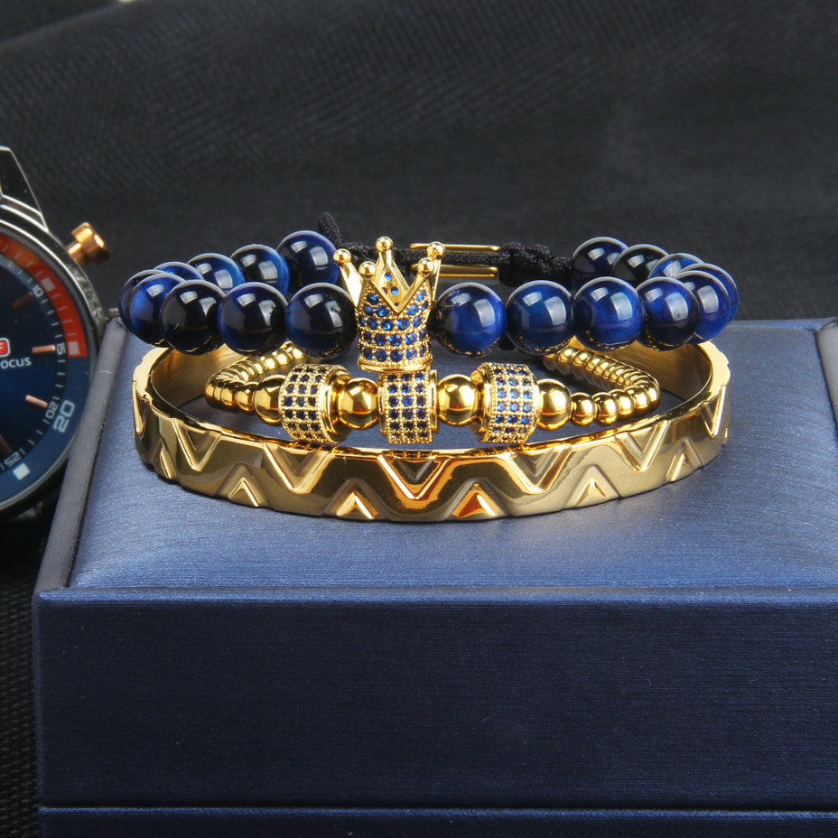 

Fashion 3Pcs/Set Crown Bangel Bracelet Men And Woman Leopard Braiding Bracelet Stainless Steel Bangles Blue Cz Jewelry