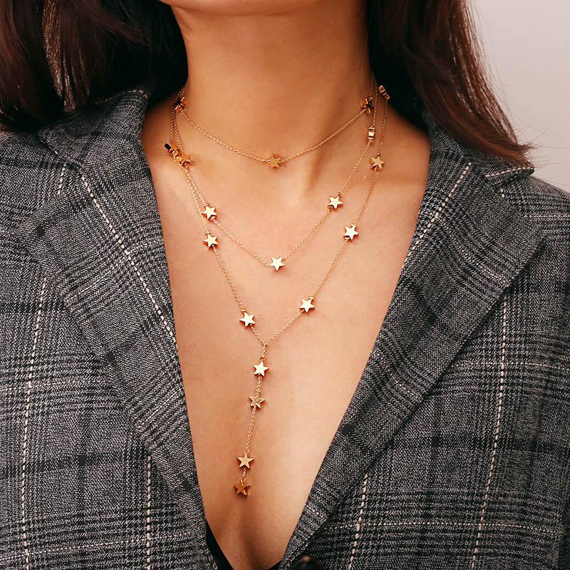 

Fashion Metal Multilayer Necklace For Women Star Pendant Tassel Neck Chains All-match Lady Girl Decorations Choker Jewelry Gift