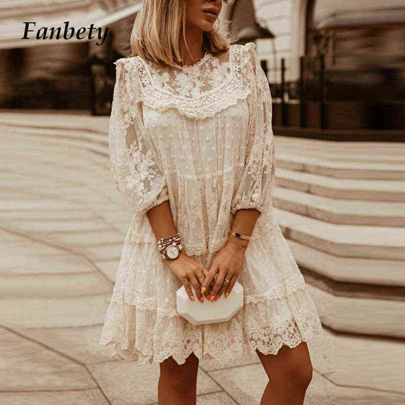 

Women Elegant Lace Embroidery Party Dress Fashion Vintage Ruffle 3/4 Sleeve Dresses Ladies Sexy O-Neck Solid Sheer-Mesh Dress G1223, 01 white