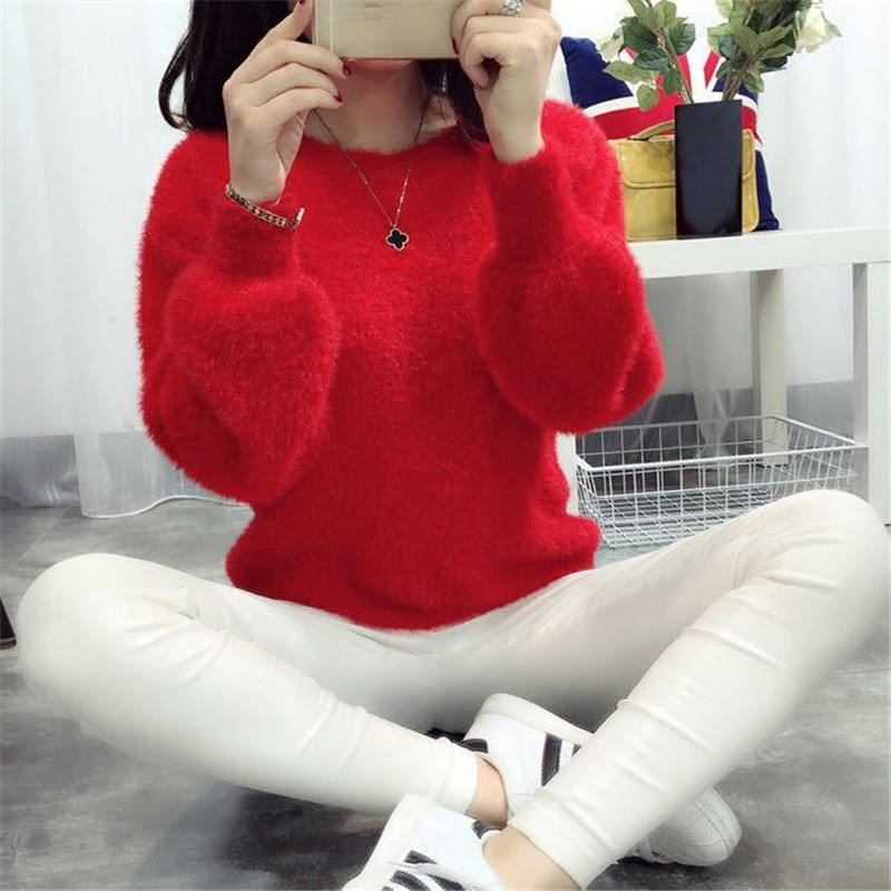 

2021 New Women's Pullover Female Autumn and Winter Imitation Mink Veet Long-sleeved Top Femme Loose Knit Sweater A458 3nbk, Gray