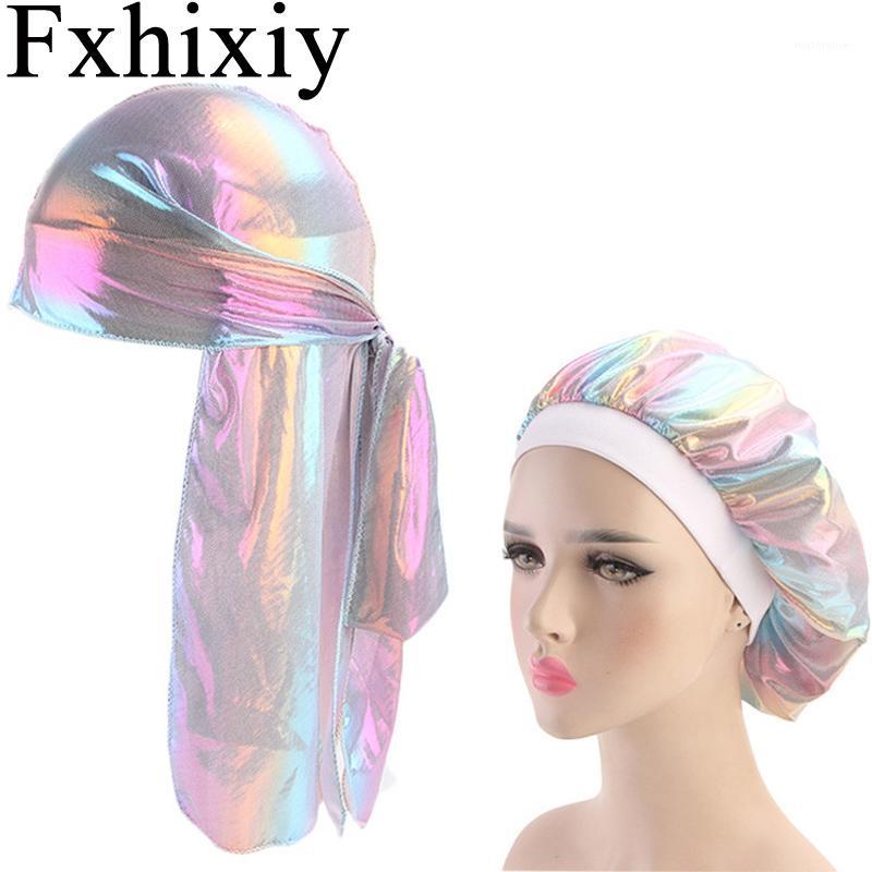 

2pcs sets Men's Sparkly Silk Laser Durag Bandana Headwear Colorful Wide Doo Rag Bonnet Cap Comfortable Sleeping Hat1, Pink