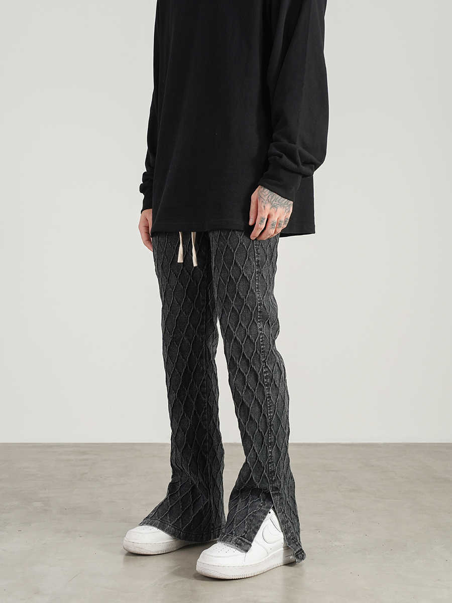

Men's pants American street retro wash old diamond check fork micro horn sweatpants hip hop slim floor pants, Gray