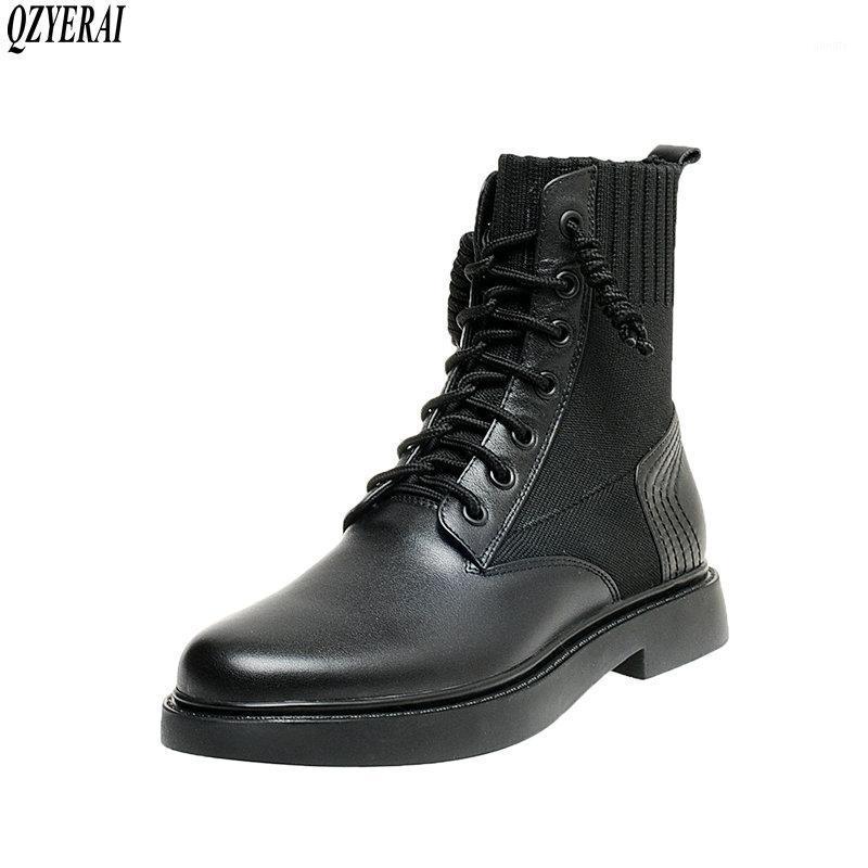 

QZYERAI boots Genuine leather black brown white Female boots lace-up Women's shoes Women's Autumn and winter1