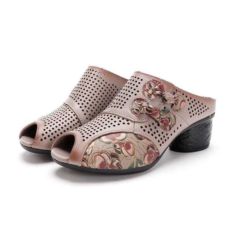 

Vintage Basic Women sandals Hand Painted Flowers Pattern Splicing Genuine Leather Square High Heels Hollow out shoes for women, Beige