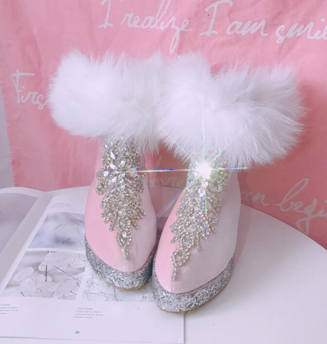 

2020 Velvet, Pink, New Pointy Fox Boots, Naked Rhinestones, Boots That Look Like Fairy Snow Boots. 397d