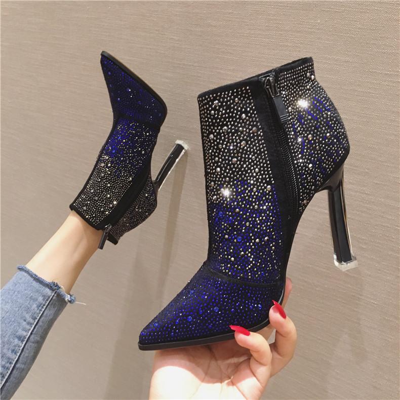 

European Style Womens Ankle Boots Mixed Color Rhinestones Fashion Lady Shoes Pointed Toe High Heels Stilettos Party B13, Black
