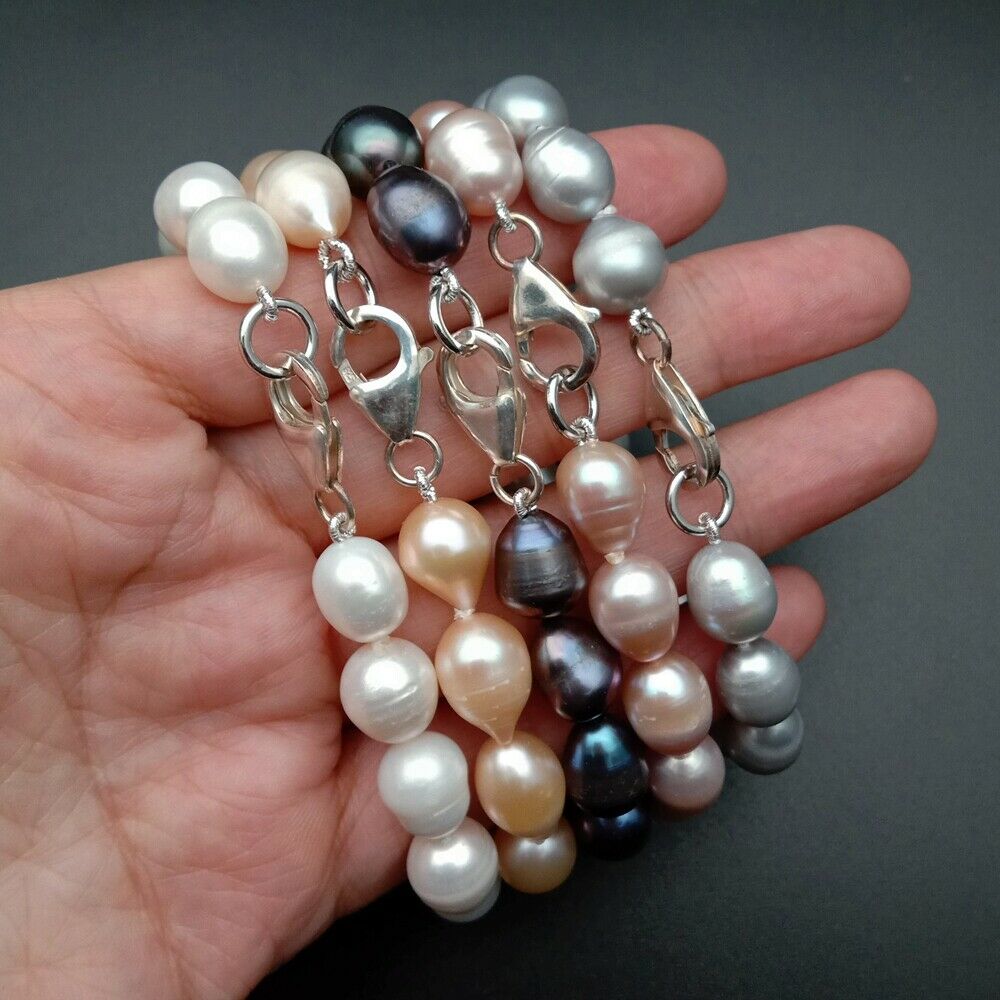 

8" 10x12mm White Black Gray Pink Purple Cultured Pearl Bracelet silver clasp 925