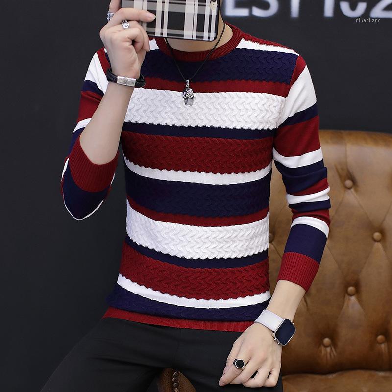 

Retrieve thin men crew neck sweater personality striped color adjustment slim sweater high stretch tight1, Gray