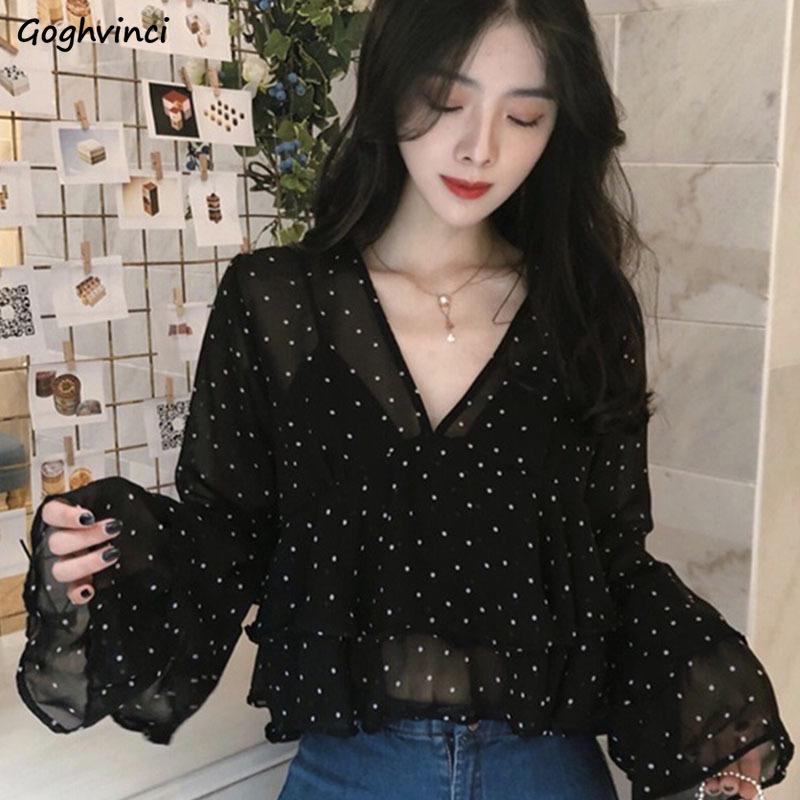 

Blouses Women V-Neck Sexy Party Simple All-match Flare Sleeve Tops Womens Casual Short Style Polka Dot Elegant Shirts Ruffles, Black