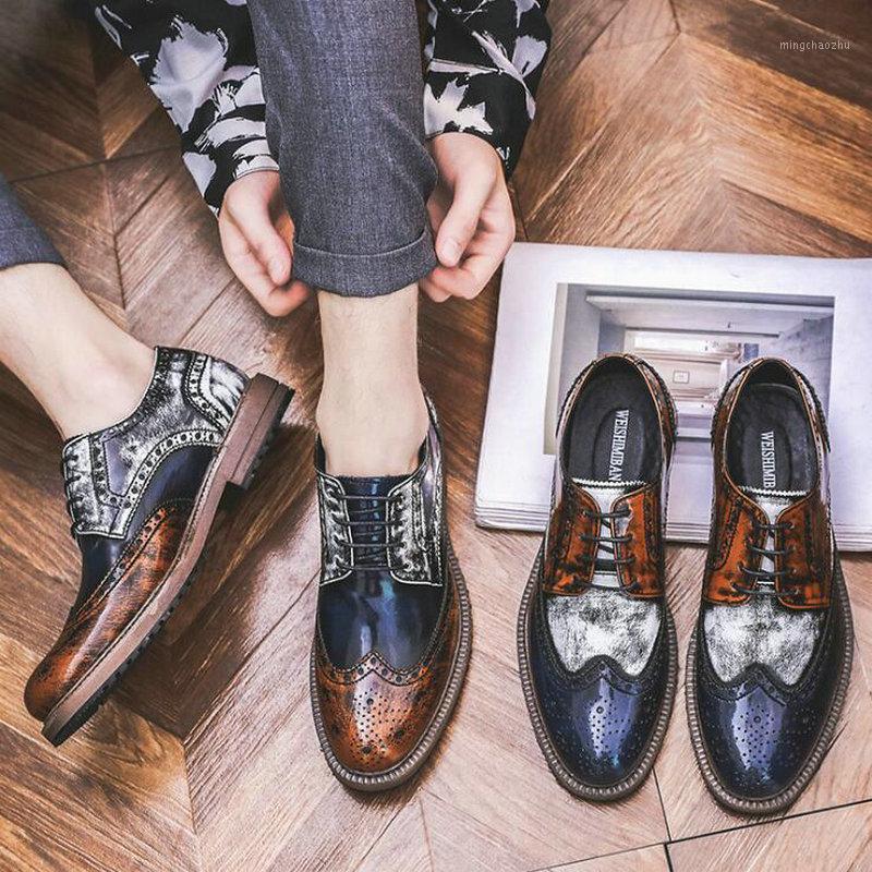 

Men Mixed Colors Fashion Dress Leather Shoes Lace-Up Wedding Party Shoes Mens Brogue Business Office Oxfords Flats 5591, Brown white bule