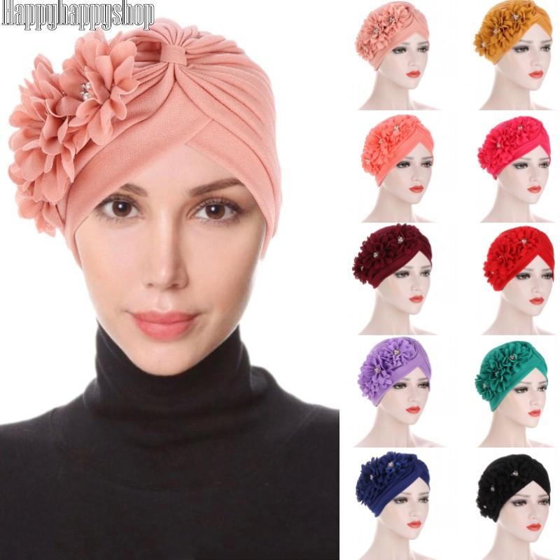 

Soild Color Women Diamonds Three Flowers Turban Cap Muslim Headscarf Bonnet Inner Hijabs Arab Head Wraps Hat, Burgundy