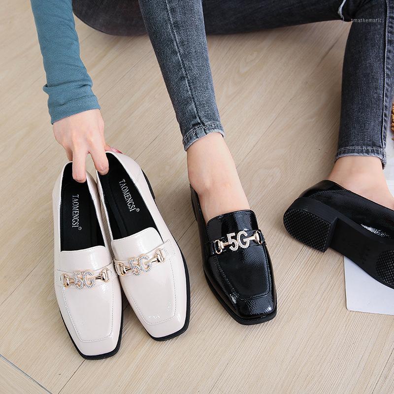 

Chunky Heels Loafers Woman Square Toe Shoes Metal Decoration Slip on Pump Leather Slides Big Size Zapatos Mujer Black Apricot1