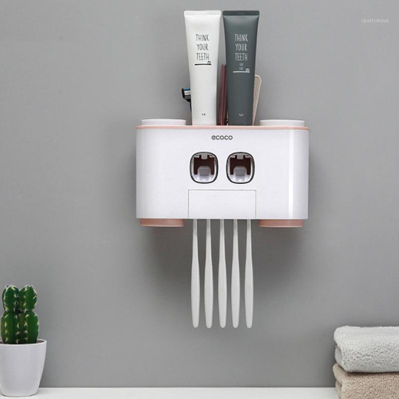 

Automatic Toothpaste Dispenser Dust-proof Toothbrush Holder with Cups No Nail Wall Stand Shelf Bathroom Organizer Hand Free1
