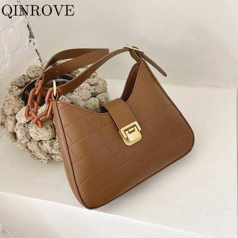 

Chain-link PU Leather Shoulder Bag For Women 2021 Fashion Stone-pattern Solid Color Clutch Bag Lady Casual Stylish Small Handbag, Black