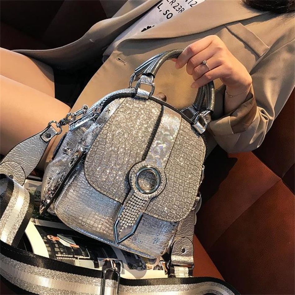 

Manna strass backpack 2020 new fashion double-sided shoulder courier bag female diamond multi-purpose purse, Silver