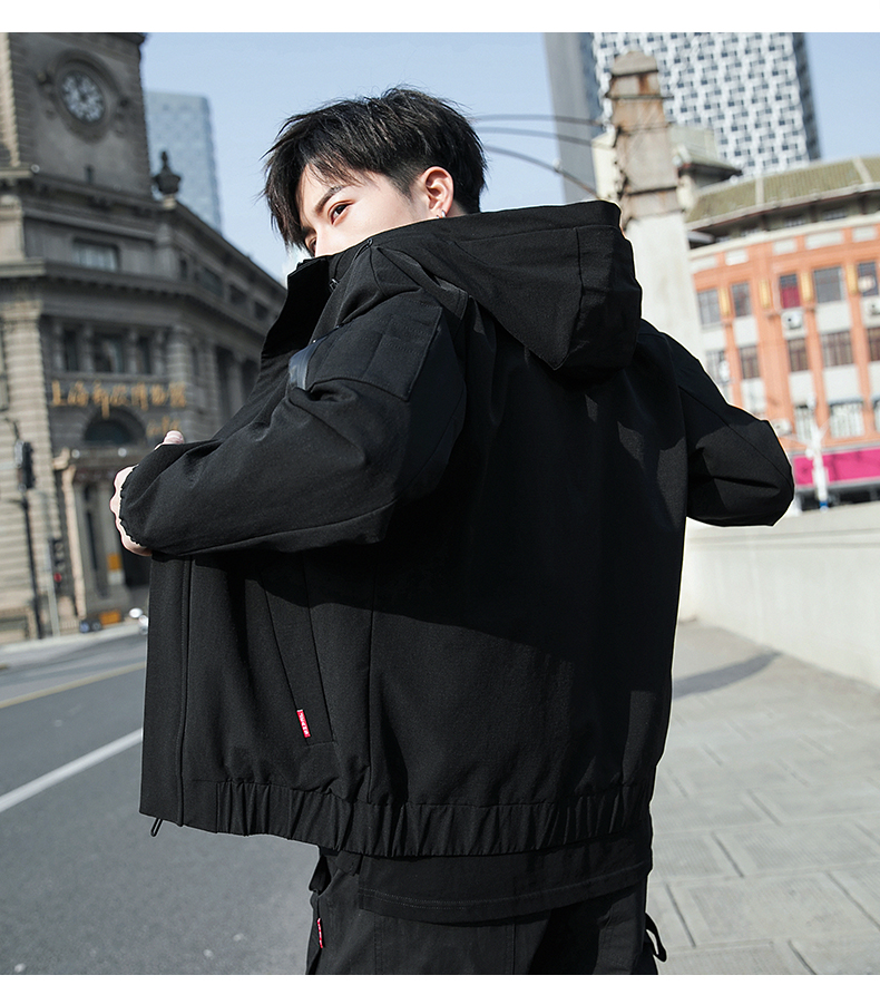 

Black The New Tide Of Han Edition Handsome Collar Hooded Coat Thin Leisure Tooling Jacket