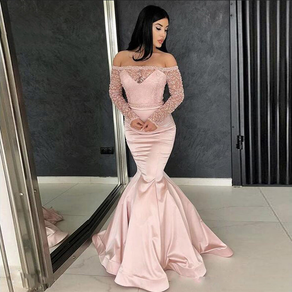 

2021 New Out of Shoulder Mermaid Prom Pink Beading Illusion Sleeve to the Formal Floor Dressed in Evening Gowns OMC9