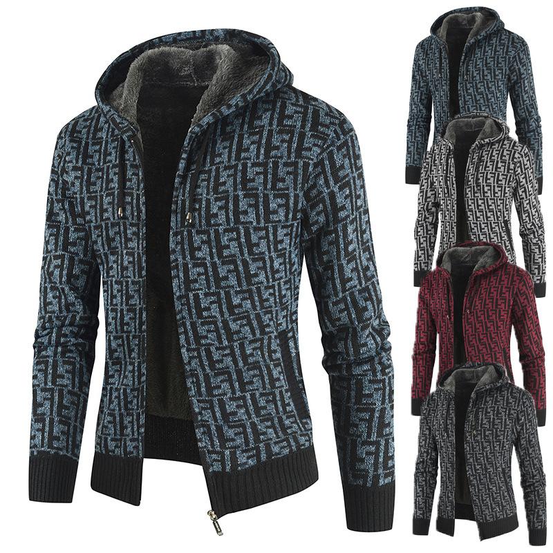 

2021 autumn and winter plus velvet thick knit sweater cardigan men's color block hooded jacket sweaters cardigan, Blue