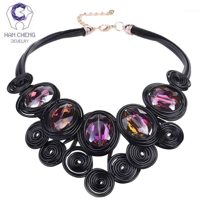 

HanCheng New Fashion Handmade Leather Rope Gem Stone Crystal Statement Choker Necklace Women Necklaces & Pendants jewelry bijoux1