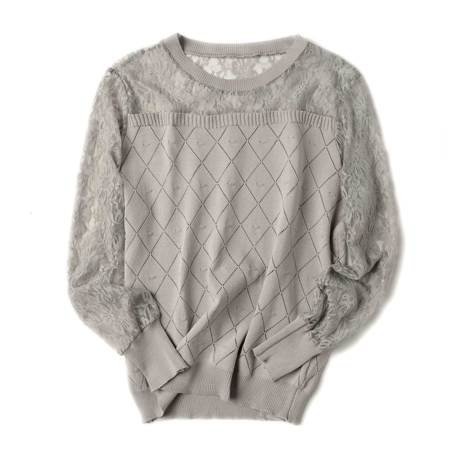 

2021 New Summer Crochet Thin Women Sweater Floral Knit Stiching Pullover Tops o Neck Solid Chic Female Jumper Pull Femme Autumn B7v4, Gray