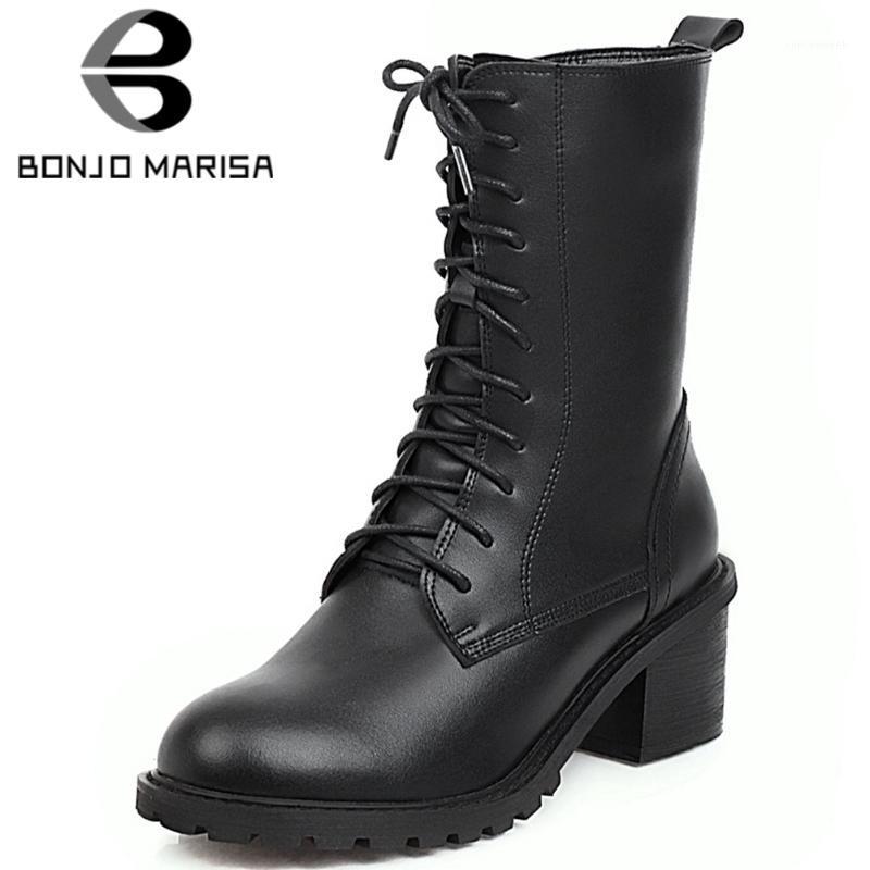 

BONJOMARISA Brand Girl Black Lace Up Round Toe High Heels Solid Fashion Mid Calf Boots Women Designer Solid Shoes Woman1