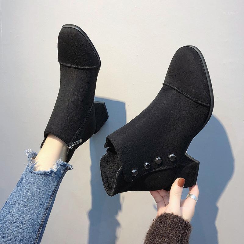 

Women Ankle Boots Leather Suede Thick High Heels Boots Lady Fashion Pointed Toe Black Rivet Shoes Woman Pumps Size 35-391