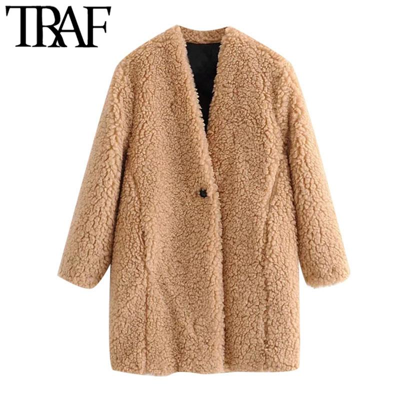 

TRAF Women Fashion Thick Warm Faux Fur Teddy Coat Vintage Long Sleeve Pockets Female Outerwear Chic Overcoat, As picture