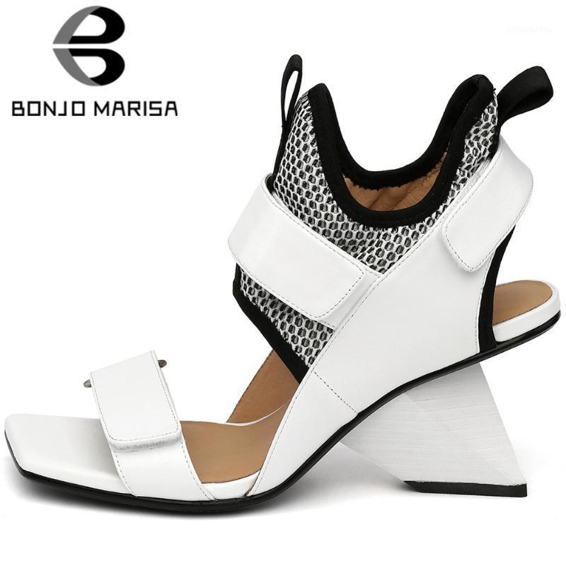 

BONJOMARISA novelty female fashion sandals open toe hook loop style stange genuine leather sandals women 2020 solid shoes woman1, White
