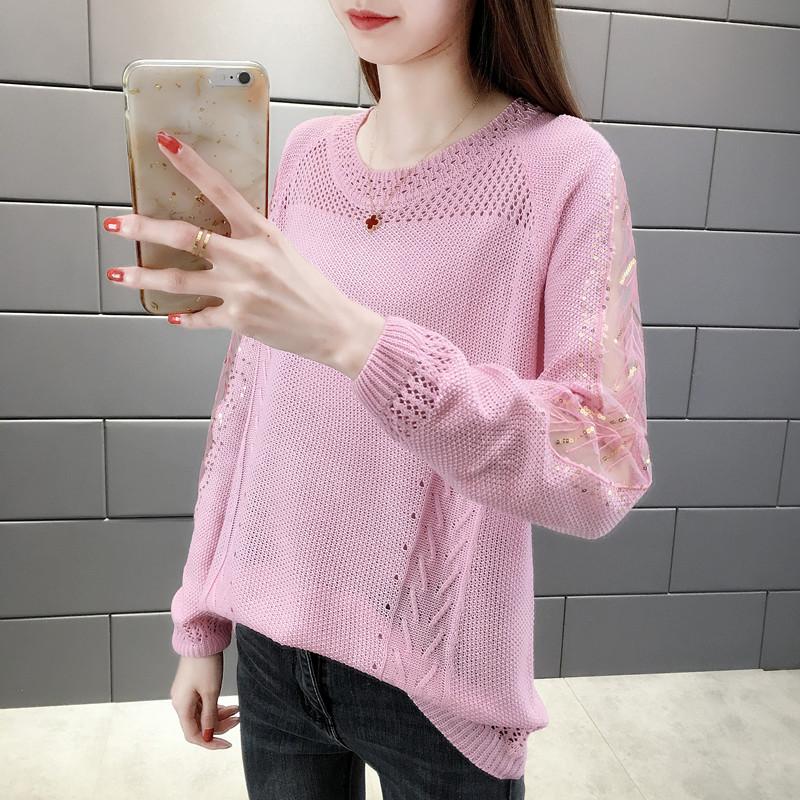 

#6357 Pink Yellow White Blue Woman Sweater Pullovers Long Sleeve Spliced Lace Hollow Out Sexy Casual Knitted Sweater Female Thin