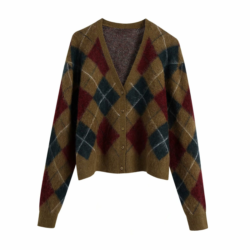

Female vintage Puwd Loose argyle manga long cardigan mesh 2020 chic ladies Autumn soft casual jackets big dimensions, Armygreen