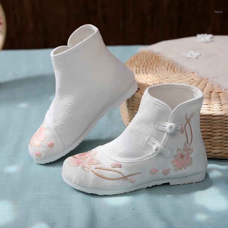 

Embroidered cloth Chinese style women's ankle boots autumn new cotton fabric breathable shoes woman flat heel Bottes femmes1, White