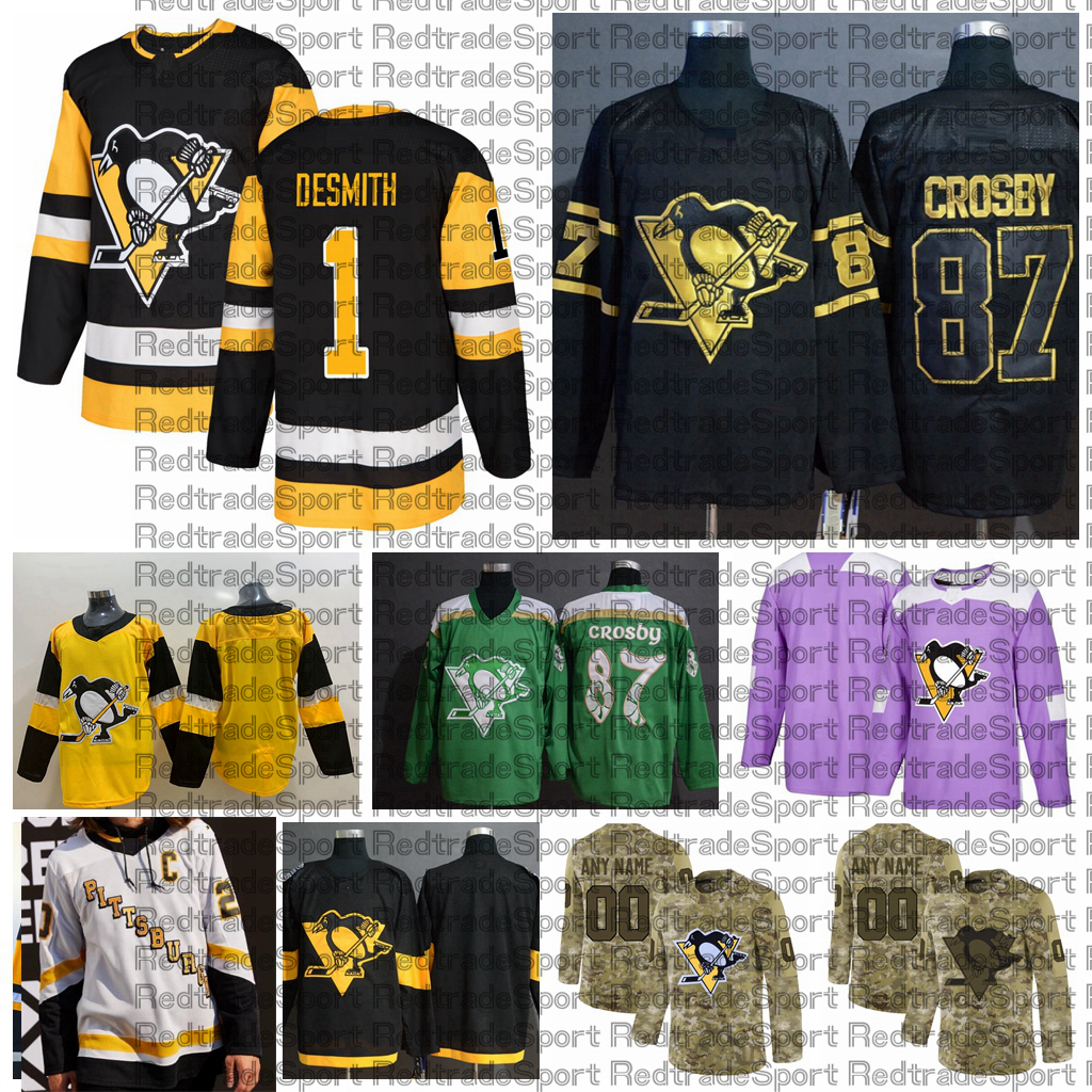 

2021 Reverse Retro Customize #1 Casey DeSmith Pittsburgh Penguins Jerseys Golden Edition Camo Veterans Day Fights Cancer Hockey Jersey, Gold