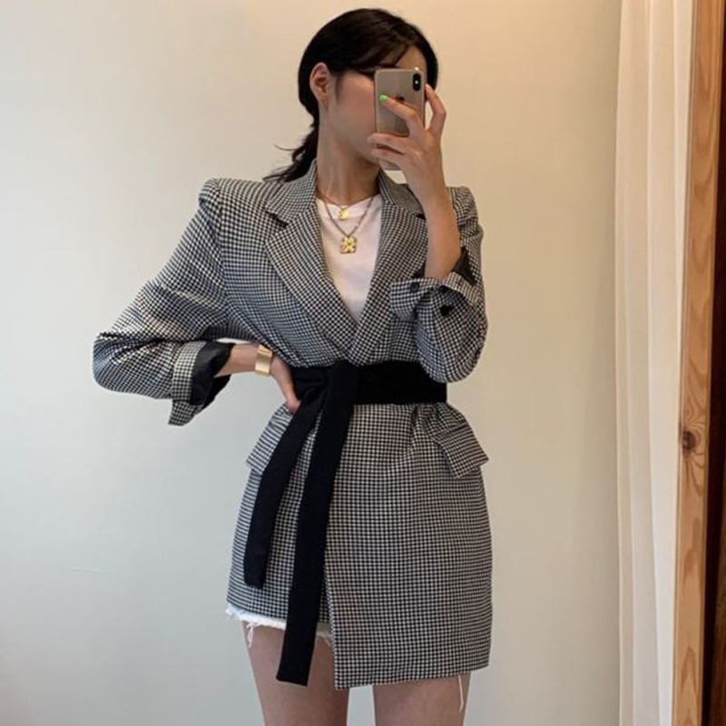 

[EWQ] Autumn Winter Vintage Full Sleeve Plaid Stitching Irregular Straps Women Blazer Korea Style Loose Trend Coat QL884 201106, Black