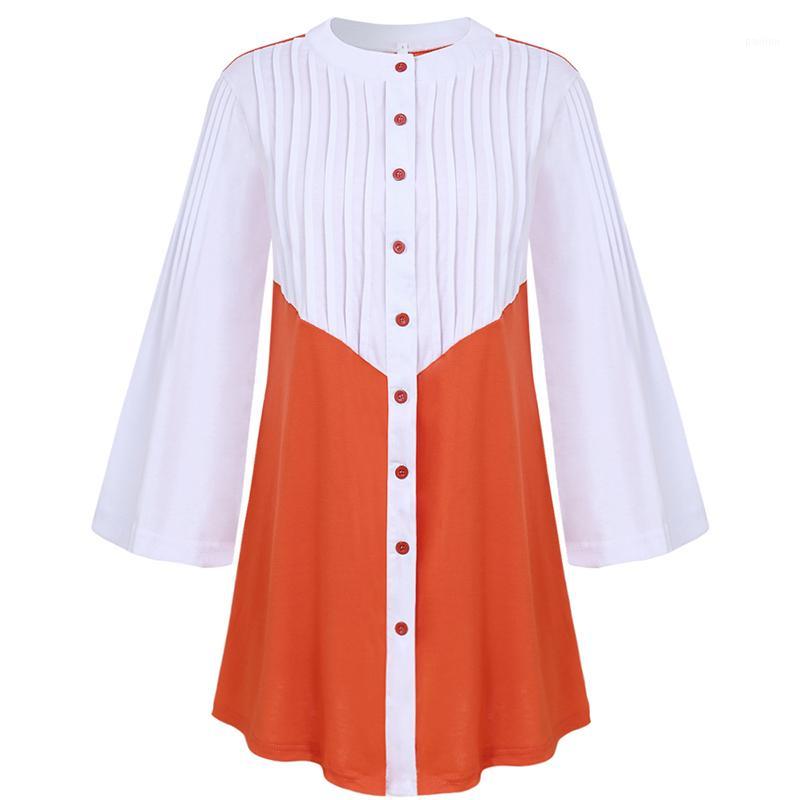 

New Design Long Button Shirts Women Plus Size Flare Sleeve O-neck White Orange Pleated Shirt Elegant Ladies Fashion Work Tops1