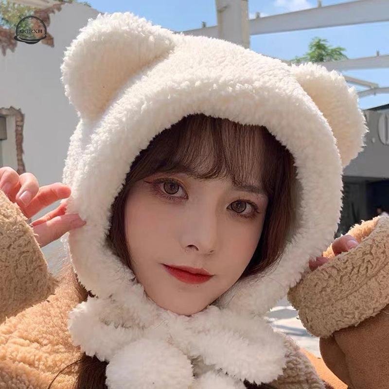 

2020 Winter New Fashion Women Hat Cute Bear Ears Warm Hat Windproof Cap Student Women Add Wool Cap Female Present, White