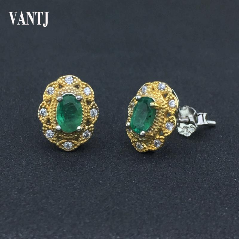 

VANTJ 100% Natural Emerald Sapphire Stud Earrings 925 Sterling Silver for Women Wedding Fashion Anniversary Jewelry Gift