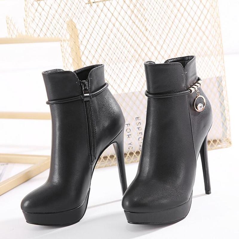 

Women Boots Korean Fashion Pointed Toe Solid Color Boots Ladies High Heels Autumn Winter Zipper Black Ladies New 2021