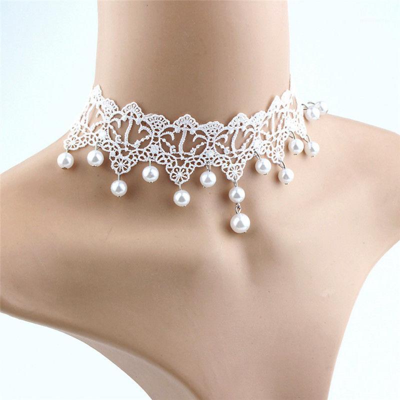 

Elegant Vintage Imitation Pearl White Lace Statement Choker Necklaces Bridal Jewelry For Women Wedding Fashion1