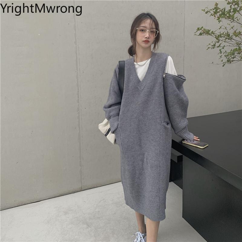 

V-neck Shoulder Zipper Hollow Pocket Solid Long Sweater Women Winter Fall Fashion Korean Vestidos Knit Pullover Simple Aesthetic, Gray