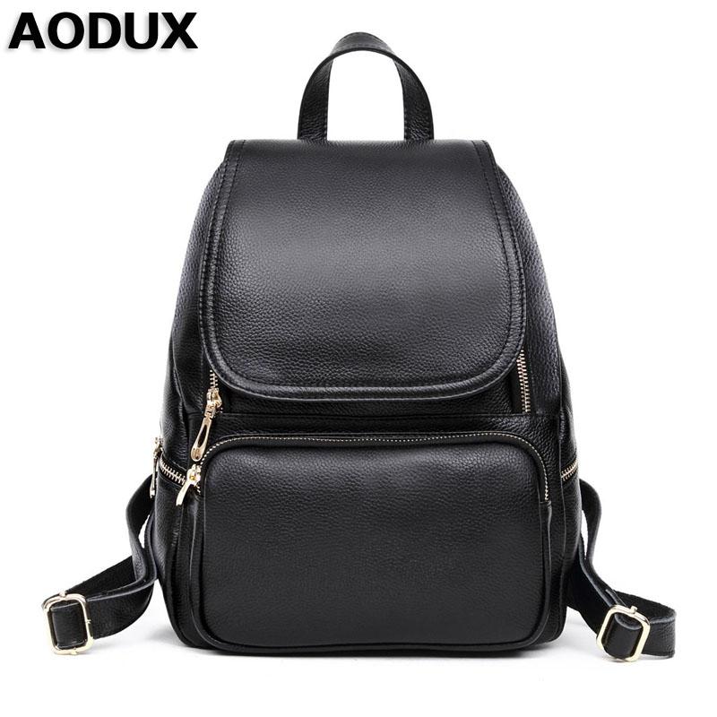 

AODUX Fashion 100% Genuine Leather Backpacks Ladies Real Cowhide Bags Women Backpack Top Layer Cow Leather Schoolbag Knapsack, Black